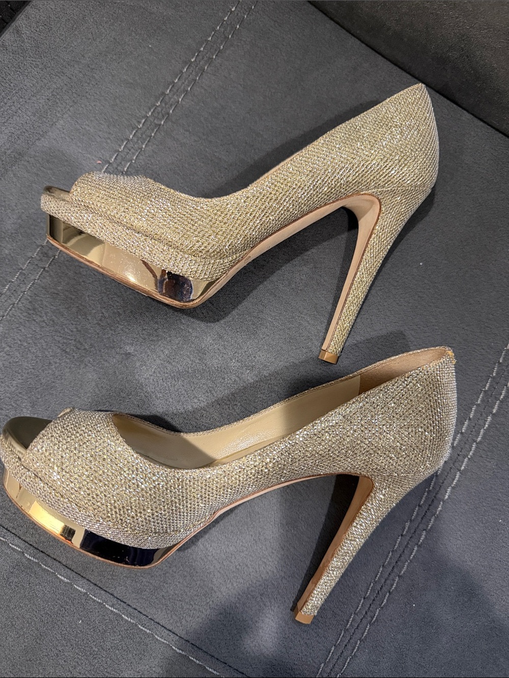 Jimmy Choo Gold Glitter Peep-Toe Platform Stiletto Pumps